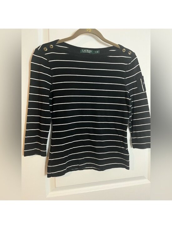 Tops - Black White Striped 3/4 Slv Boat Neck Top SzM Preppy Classic